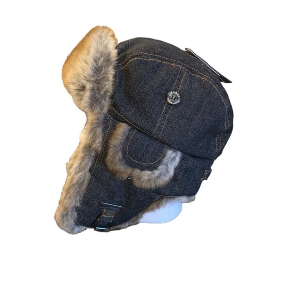 Barts Kamikaze Adjustable Winter Hat Denim and Faux Fur Deluxe Womens NWT